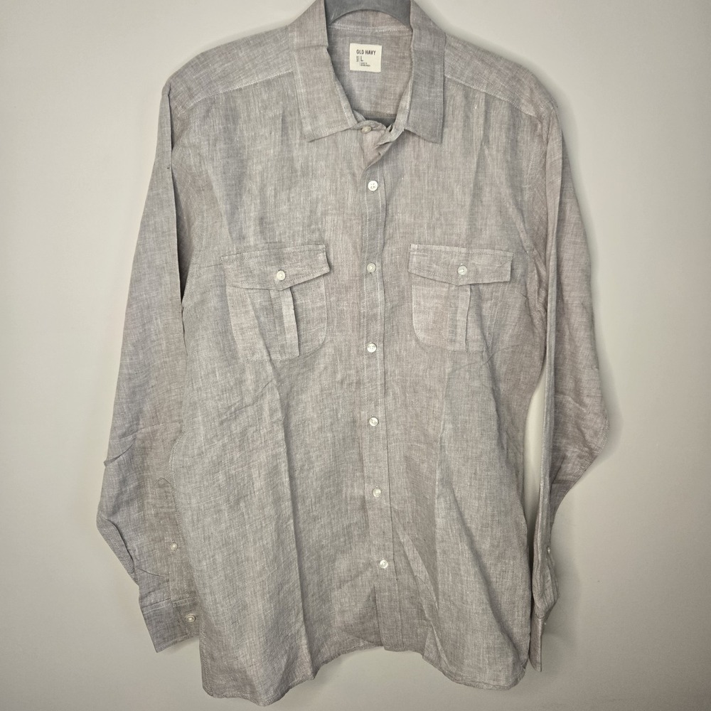 Men's Linen Cotton Blend Large L Beige Brown Linen Sport Shirt Button Up Career - Picture 2 of 9
